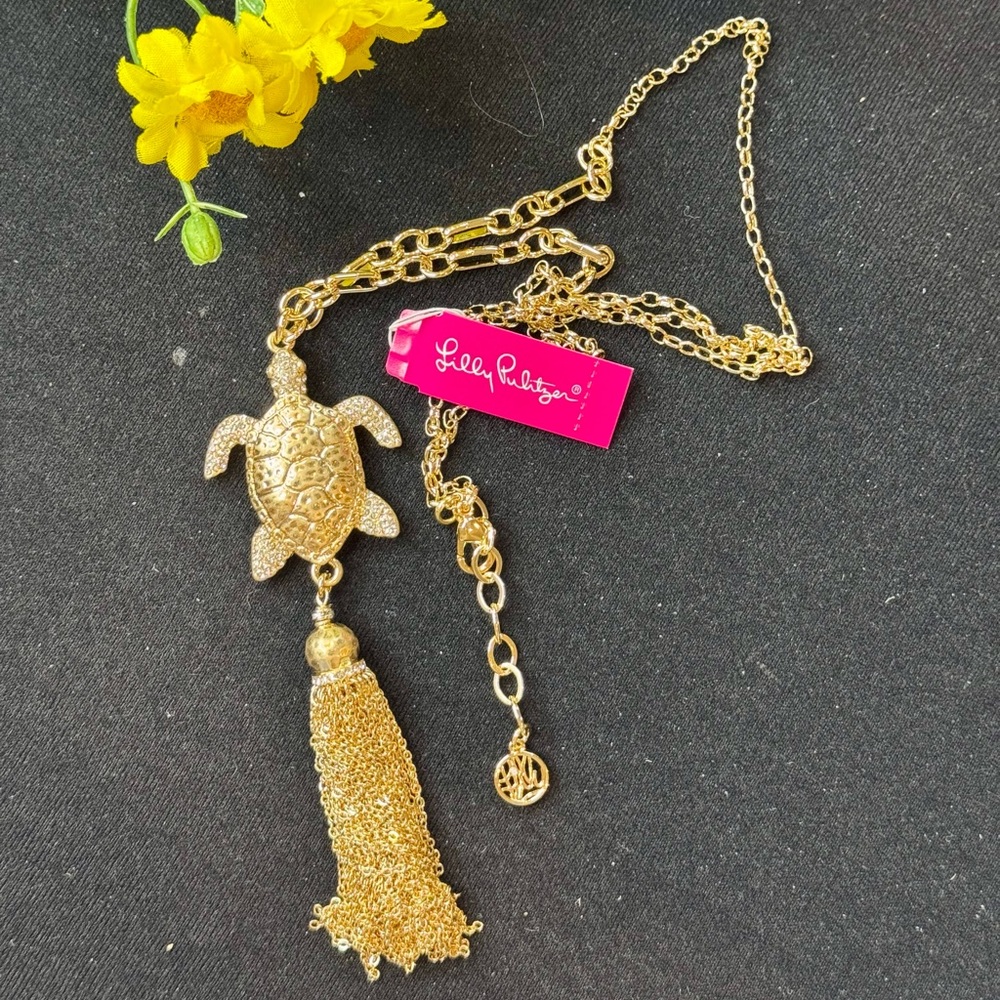 Lilly Pulitzer Gold Neck with Pave Crystal Sea Turtle & Tassel Pendant 30-32in